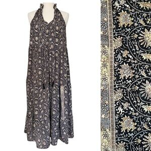Paani Tiered Boho Black Floral Metallic Maxi Dress Size S